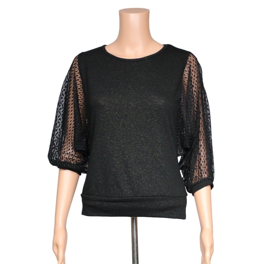 BCX Women's Small Black Lace Sheer Sleeve Top Gold Blend Made in USA